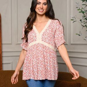 Ditsy Floral Print V Neck Short Sleeve Contrasting Lace Tunic Top Boho